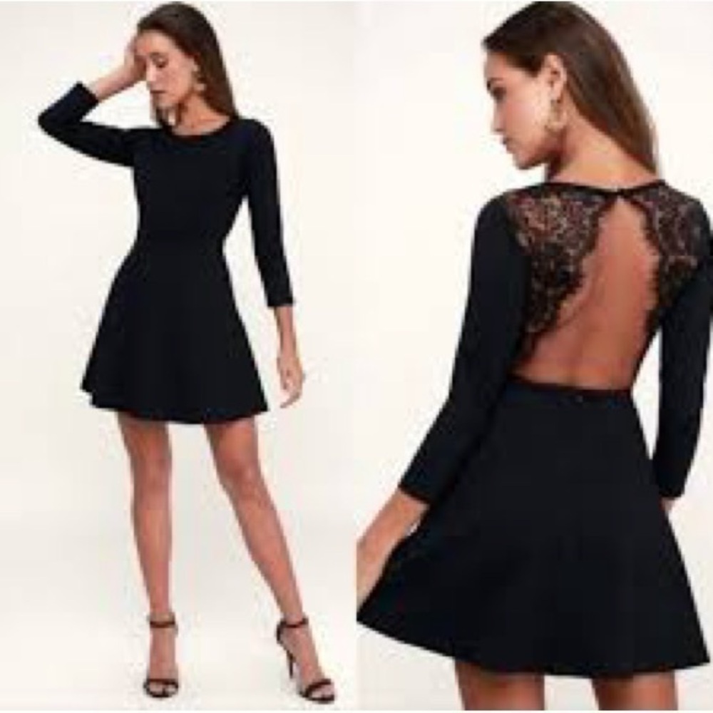 Lulus Felicity Black Dress With 3/4 Sleeves Backless With Lace Size Small